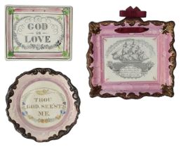 Three 19th century Sunderland pink lustre plaques