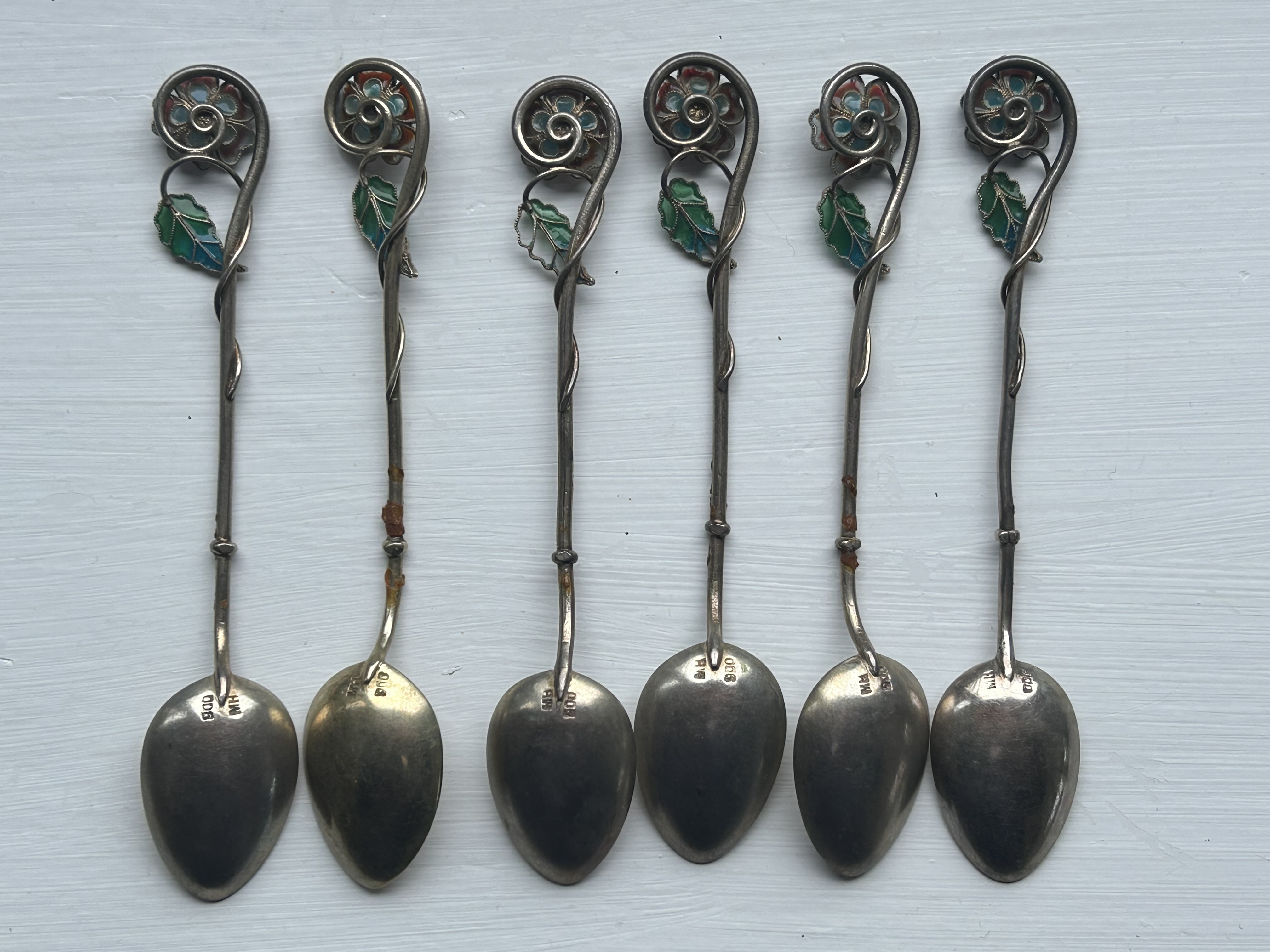 Six Norwegian silver gilt and plique a jour coffee spoons and other silver - Image 3 of 3