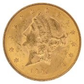 An American 1904 $20 dollar double eagle Liberty gold coin