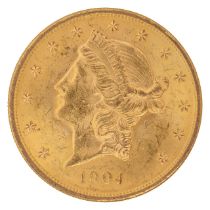 An American 1904 $20 dollar double eagle Liberty gold coin