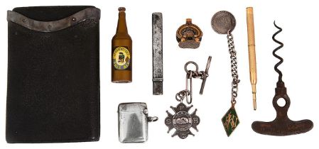 A late Victorian silver mounted black leather cigar case and other items
