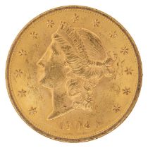 An American 1904 $20 dollar double eagle Liberty gold coin