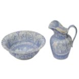 A mid 19th century Staffordshire blue and white transfer wash jug and basin