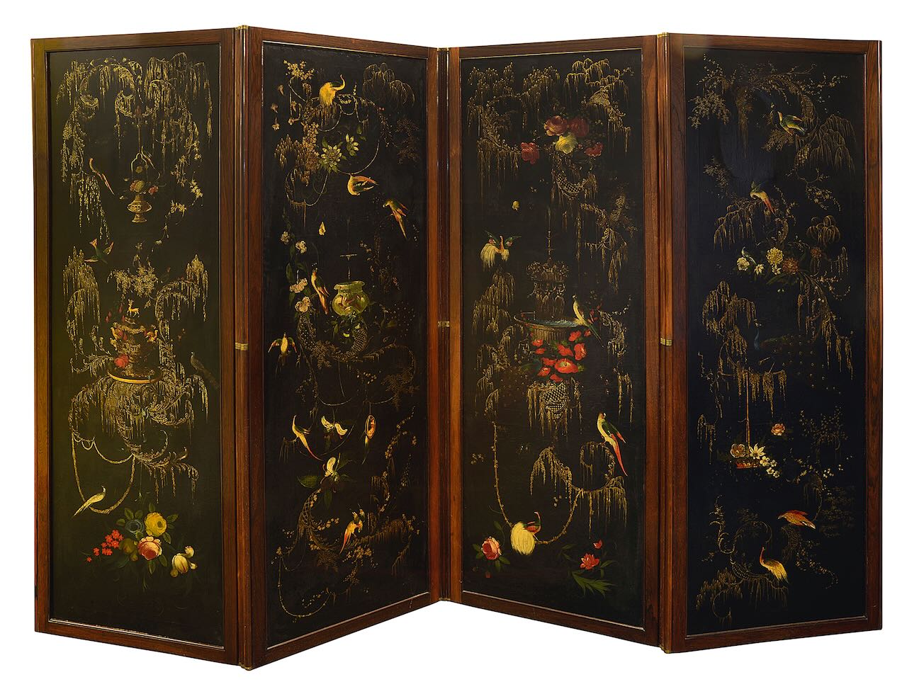 An early Victorian rosewood framed four fold room screen