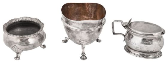 A silver cauldron salt, a sugar basin and a George III mustard pot