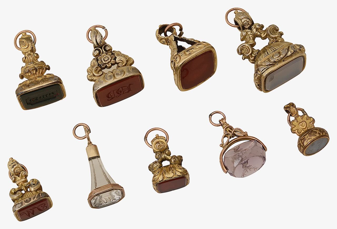 A collection of 19th century and later hardstone and gem-set fob seals - Image 2 of 2