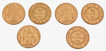 France. Third Republic, Six gold 20 Francs, 1890, 1893, 1886, 1897, 1898 x 2, (6)