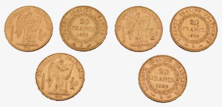 France. Third Republic, Six gold 20 Francs, 1890, 1893, 1886, 1897, 1898 x 2, (6)