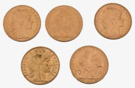 France. Third Republic, Five gold 20 Francs, 1902, 1907 x 3, 1909, (5)