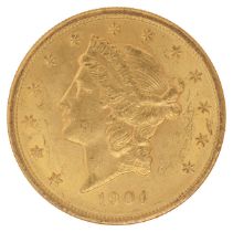 An American 1904 $20 dollar double eagle Liberty gold coin