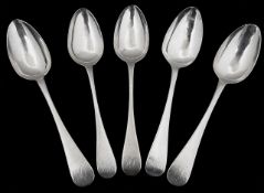 Five George IV provincial Old English pattern dessert spoons