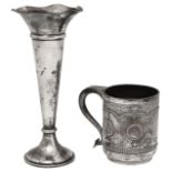 A Victorian silver christening mug and a spill vase