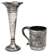 A Victorian silver christening mug and a spill vase