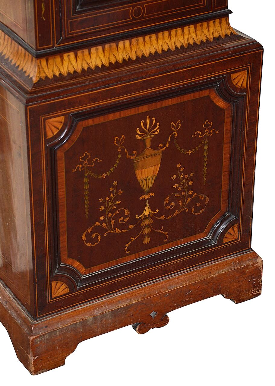 A late Victorian Sheraton Revival mahogany and marquetry long case clock with moonphase - Image 4 of 25