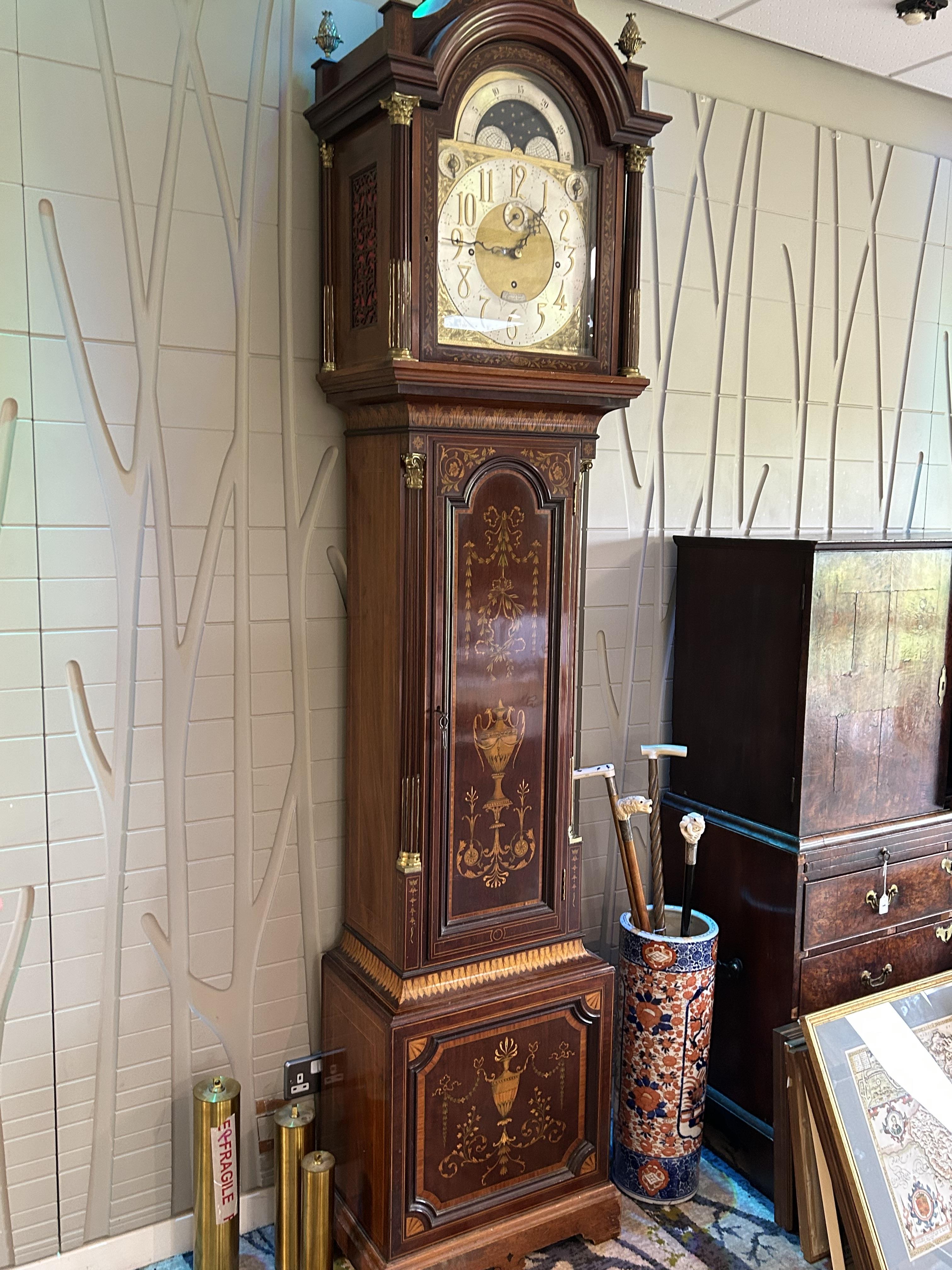A late Victorian Sheraton Revival mahogany and marquetry long case clock with moonphase - Image 7 of 25