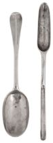 A George I silver Hanoverian pattern tablespoon and a marrow scoop