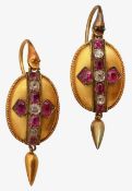 A pair of mid 19th century yellow gold and gem-set ear pendants