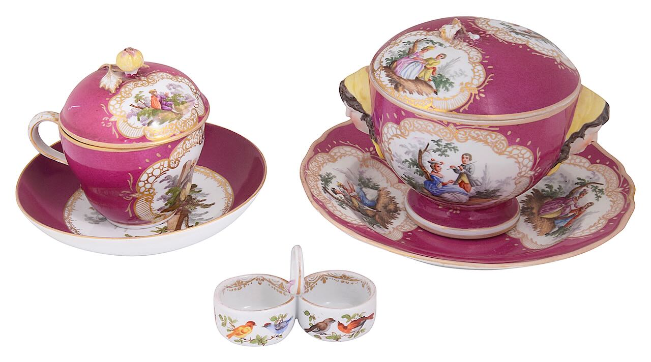 A late 19th century Meissen chocolate cup, cover and saucer and other items