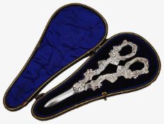 A late Victorian cased pair of cast silver grape shears