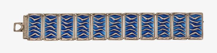A blue enamel and silver panel bracelet