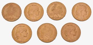 France. Third Republic, Seven gold 20 Francs, 1909 x 3, 1910 x 4, (7)