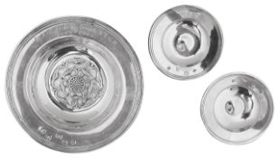 An Elizabeth II presentation silver Armada dish and two Armada pin dishes