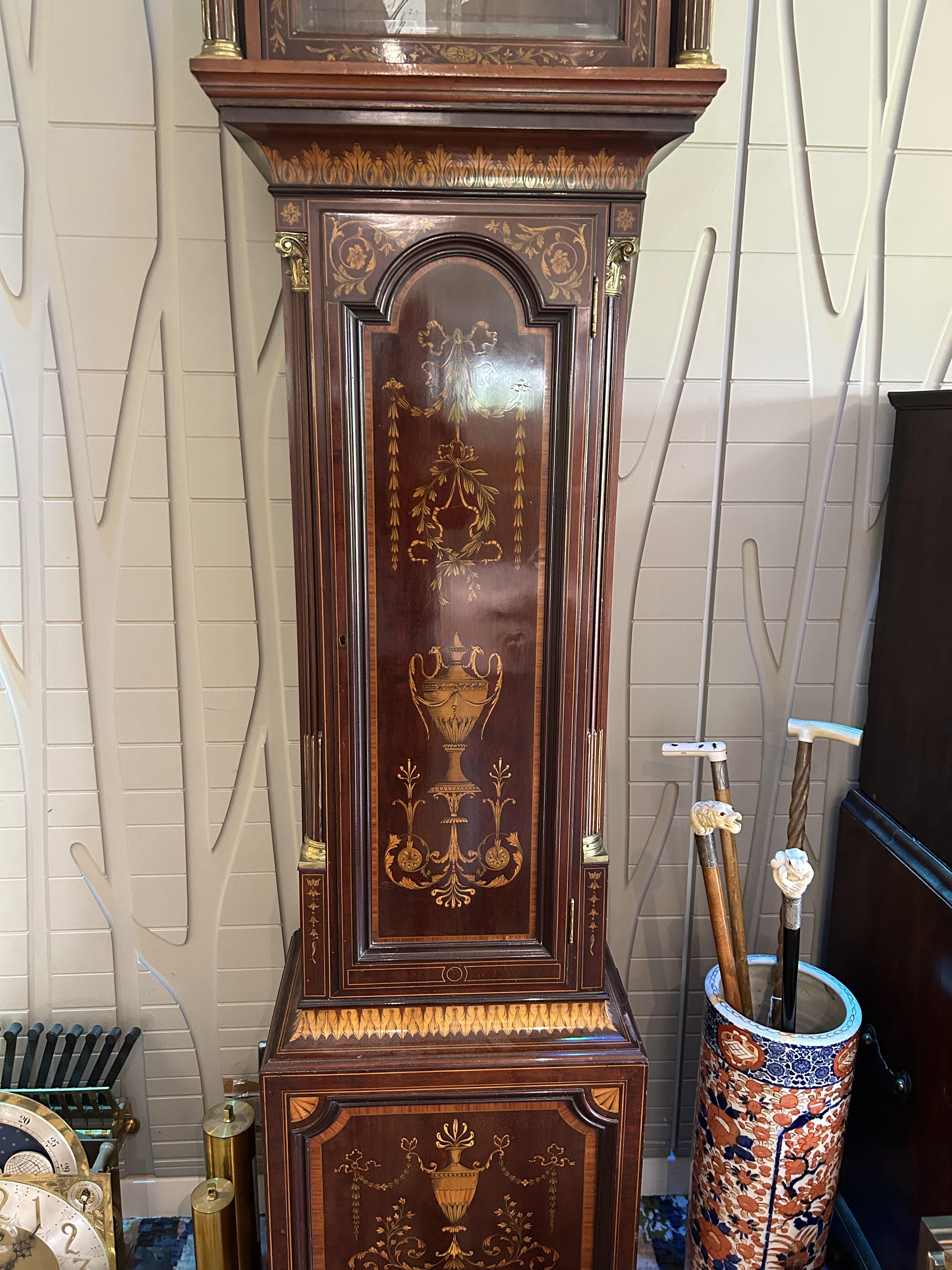 A late Victorian Sheraton Revival mahogany and marquetry long case clock with moonphase - Image 8 of 25