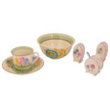 A Clarice Cliff three piece Aura Daisy Bizarre pottery cruet set, other items