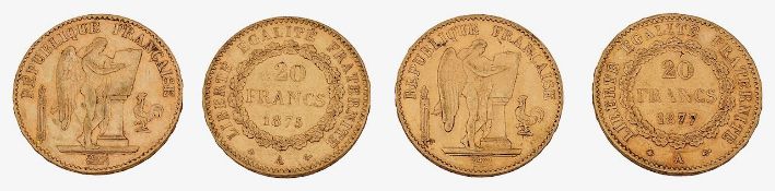 France. Third Republic, Four gold 20 Francs, 1875, 1876, 1877, 1878, (4)
