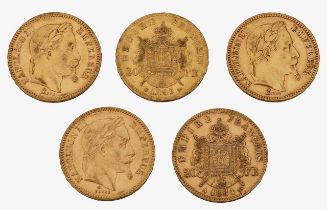 France. Napoleon III, Five gold 20 Francs, 1862, 1863, 1864 x 3, (5)
