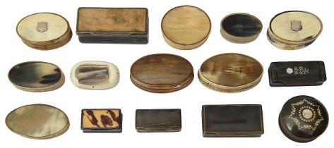 A collection of 19th Century and later century horn snuff boxes