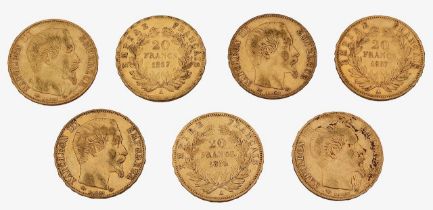 France. Napoleon III, Seven gold 20 Francs, 4 x 1856, 3 x 1857, (7)