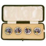 An Edwardian cased set of four silver painted guilloche enamel buttons