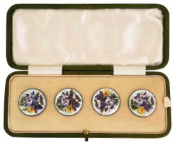 An Edwardian cased set of four silver painted guilloche enamel buttons
