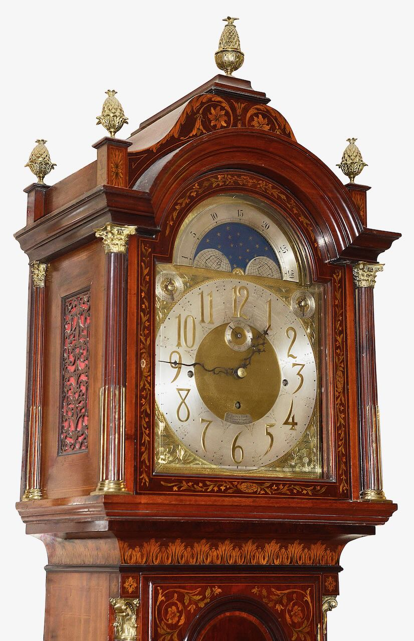 A late Victorian Sheraton Revival mahogany and marquetry long case clock with moonphase - Image 3 of 25