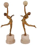 Pair of Art Deco gilt bronzed spelter and alabaster figures of dancers