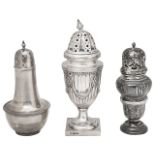 A late Victorian Neoclassical sugar caster, a Hanau caster and another (3)