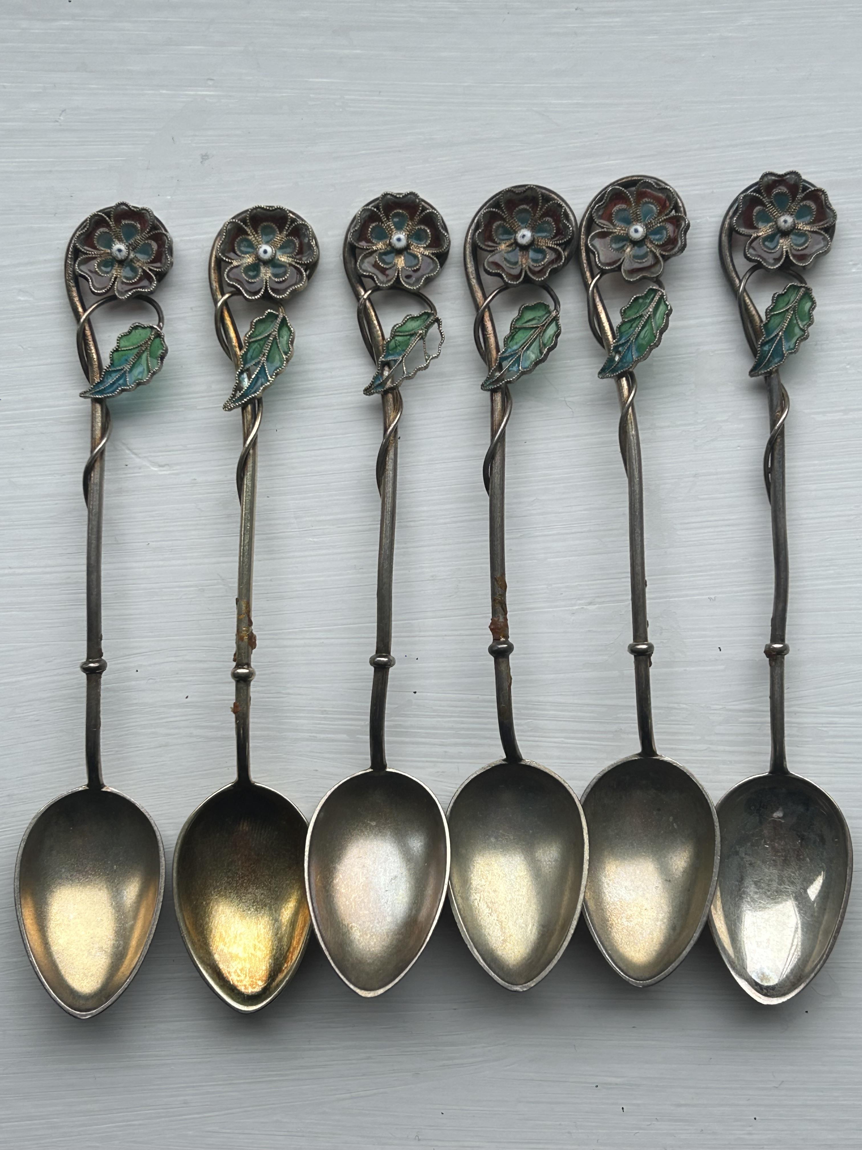 Six Norwegian silver gilt and plique a jour coffee spoons and other silver - Image 2 of 3