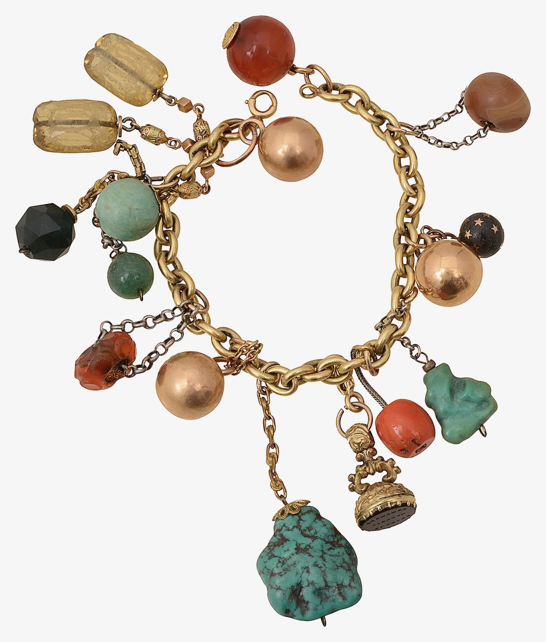 A gem and hardstone set charm bracelet