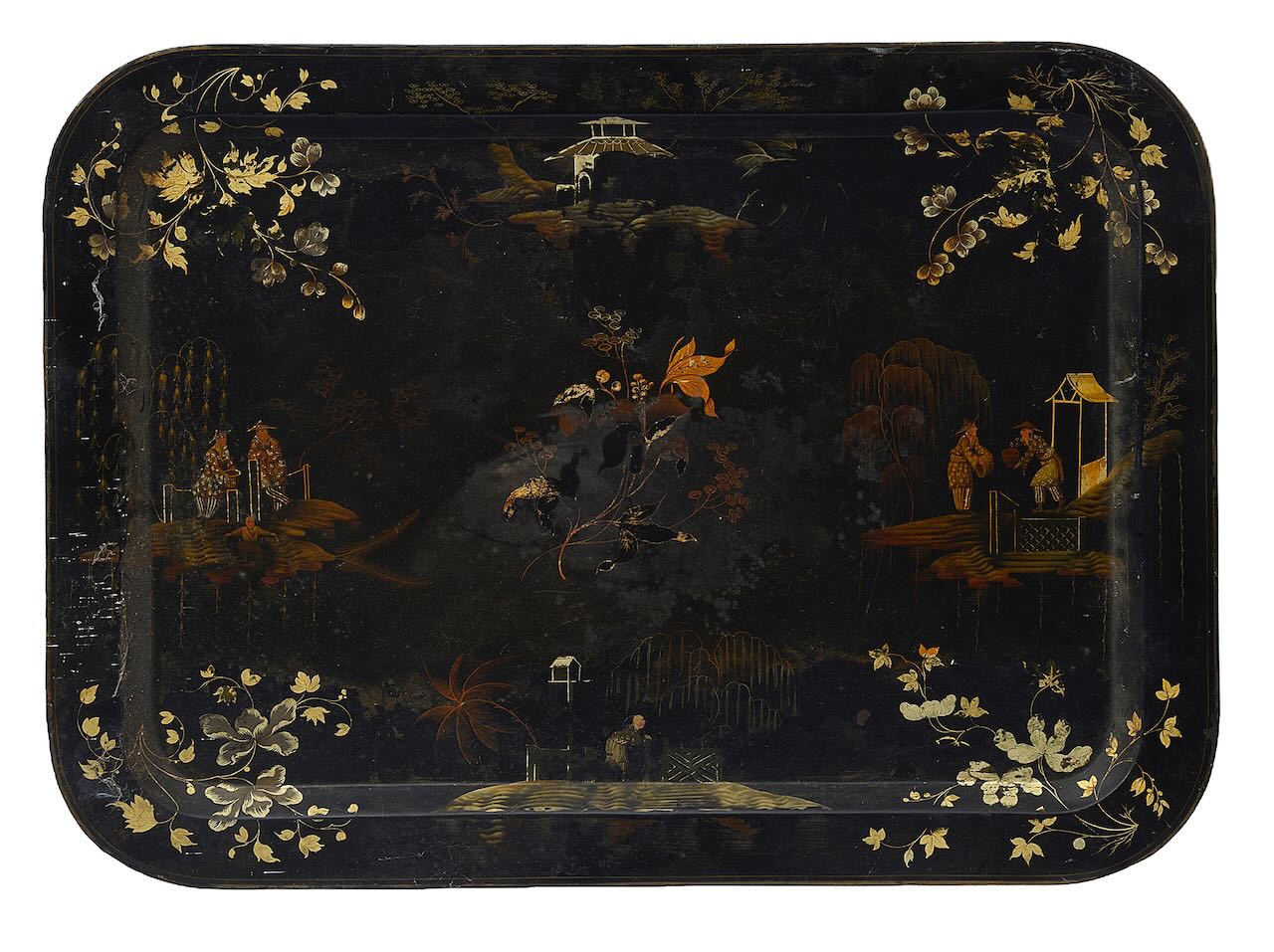 A mid 19th century large black and gilt chinoiserie tole tray