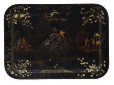 A mid 19th century large black and gilt chinoiserie tole tray