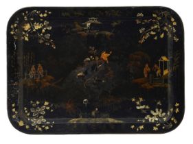 A mid 19th century large black and gilt chinoiserie tole tray