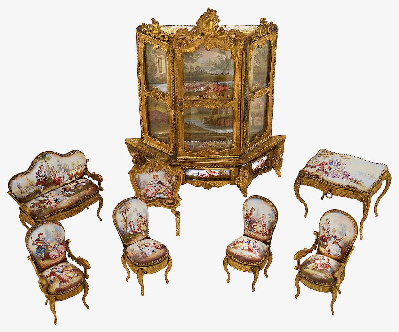 Austrian Viennese gilt metal and enamel miniature salon furniture
