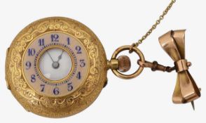 A lady's 18K gold and enamel keyless half hunter fob watch