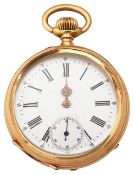 A late 19th century 14K keyless open faced pocket watch, circular white enamel dial, the dust cover