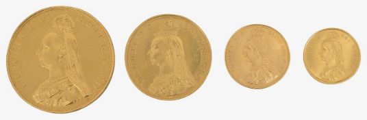 A Victoria Jubilee Sovereign Set; quintuple, double, full & half, 1887 (4)