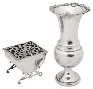 An Edwardian silver pot pourri and a vase