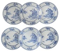 Nanking Cargo. Six Chinese export 'Boatman' blue and white plates c.1750