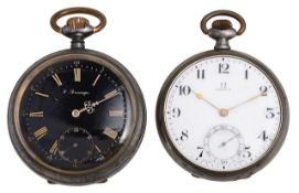 An Omega gunmetal cased open faced keyless pocket watch + another (2)