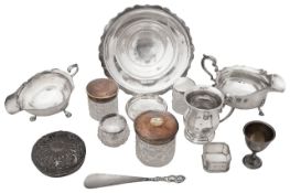 An Edwardian silver pedestal dish, sauce boats, bonbon dishes + other